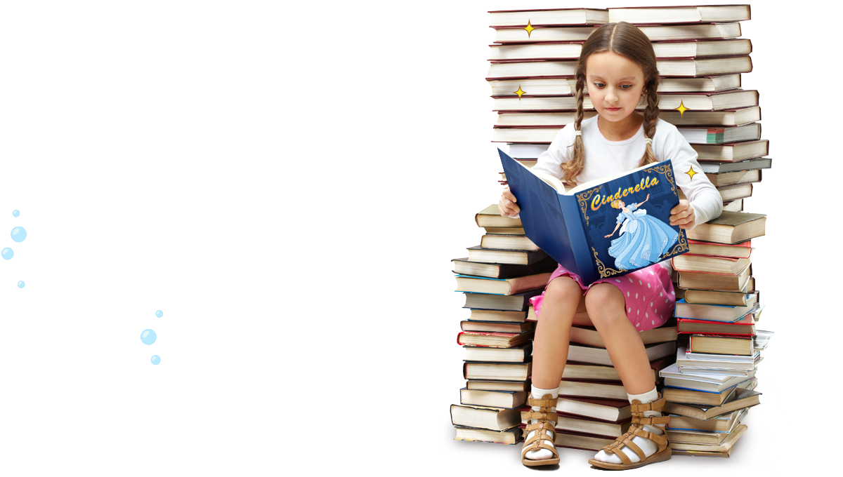 在讀灰姑娘故事書的小女孩與南瓜馬車圖